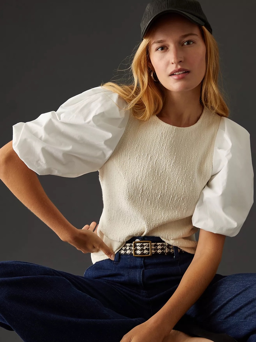 Anthropologie XS Puff Sleeve Knit Top Neutral Boho Preppy Textured Dramatic